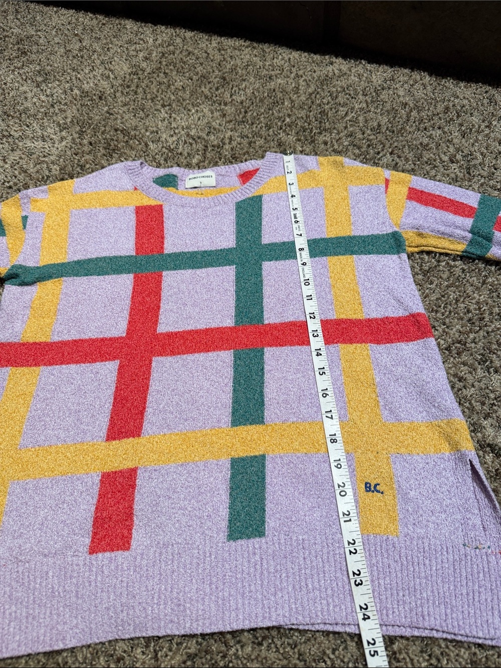 Bobo Choses Lavender Crewneck Sweater with Red, Green and Yellow Plaid - Picture 10 of 11